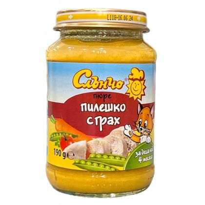 Слънчо Пилешко месо с Грах пюре 4м+