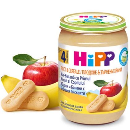Hipp пълнозърнеста каша Ябълки, Банани и Бисквити Био пюре 4м+